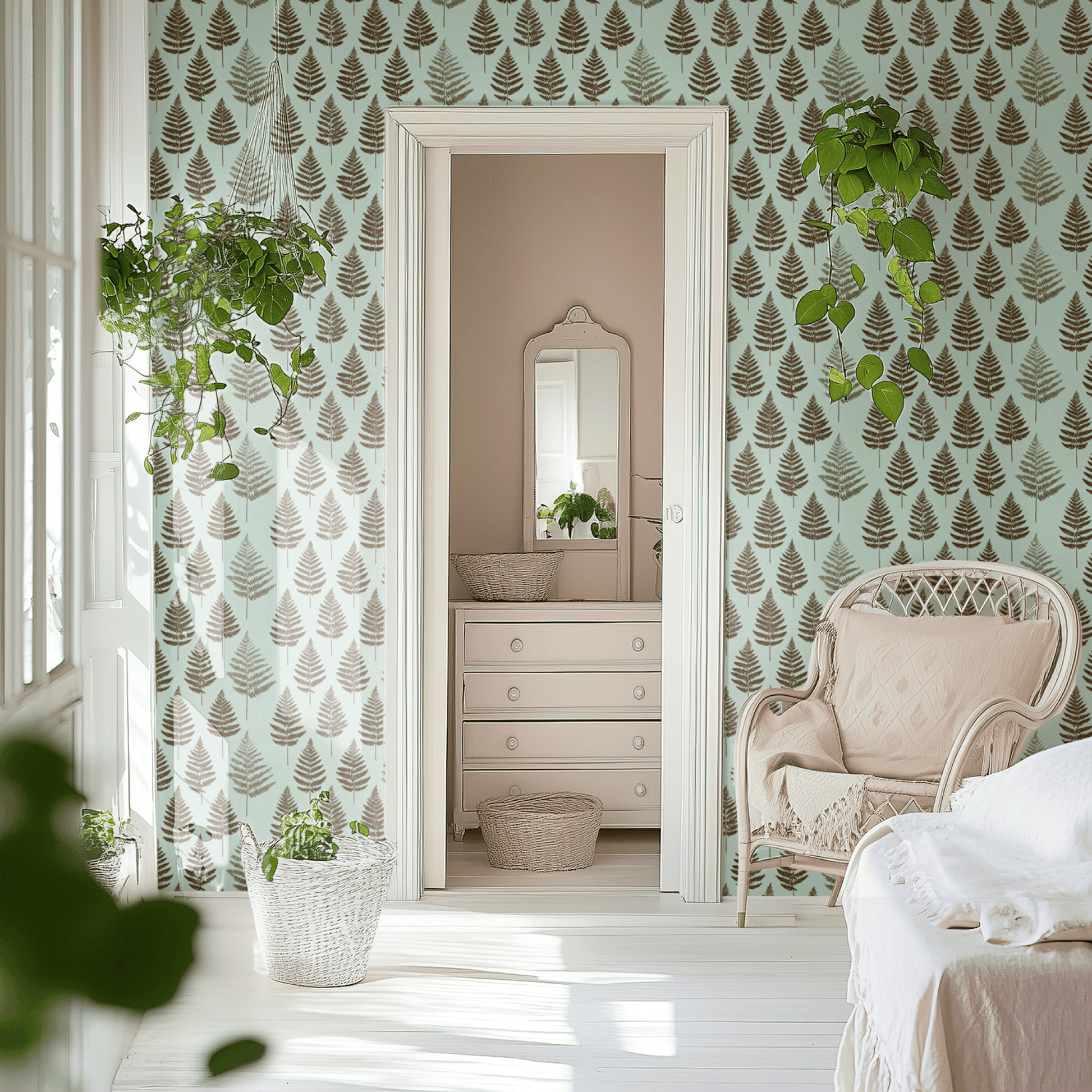 Green Botanical Wallpaper installed in a room interior with botanical russet woodland foliage in green