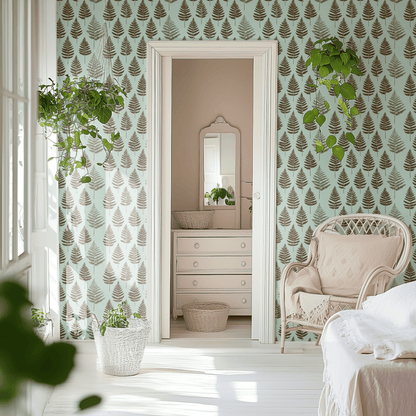 Green Botanical Wallpaper installed in a room interior with botanical russet woodland foliage in green