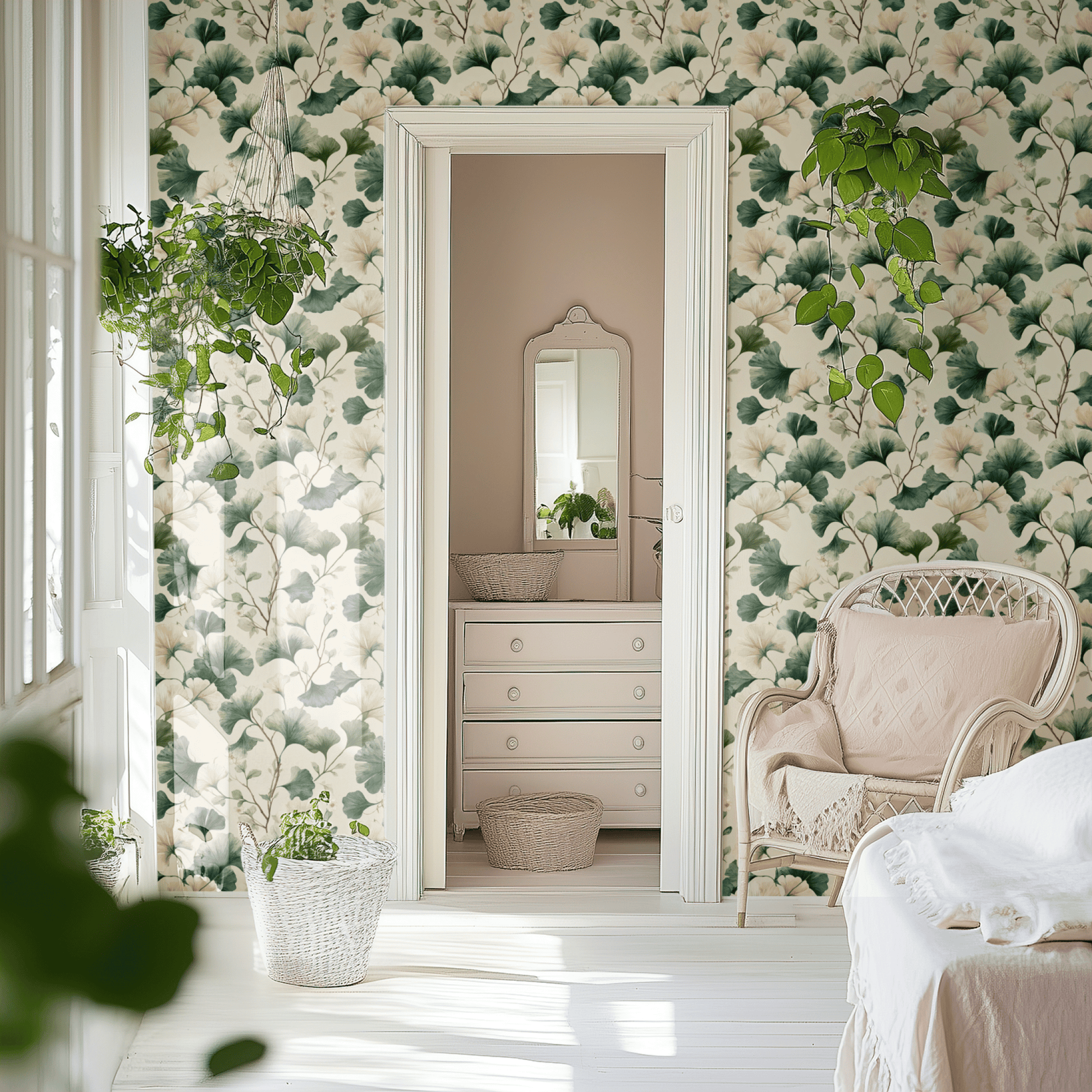 Cream Botanical Leaves Design shown in a second interior with the watercolor ginkgo reading as East-Asian-influenced soft botanical decoration