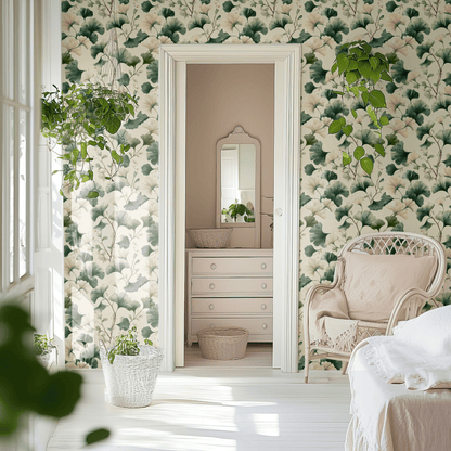 Cream Botanical Leaves Design shown in a second interior with the watercolor ginkgo reading as East-Asian-influenced soft botanical decoration