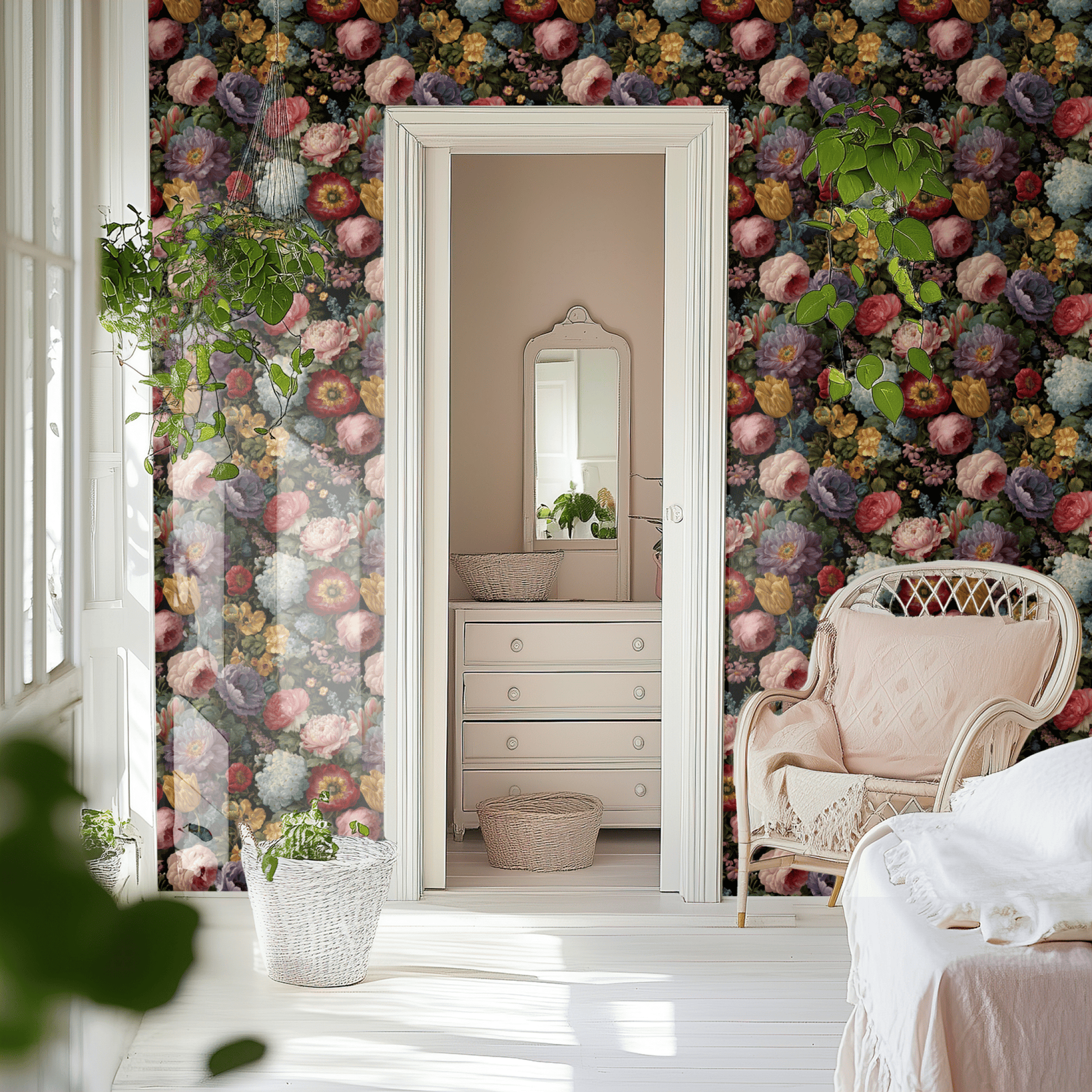 Black Floral Wallpaper shown in a second room with the vintage jewels reading as theatrically luxurious traditional decoration