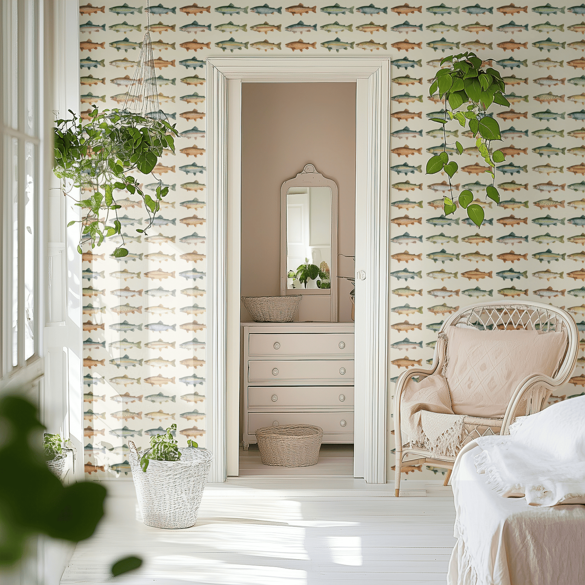 Nature Wallpaper shown in a second room with the calming trout reading as rustic-traditional fish-illustration decoration