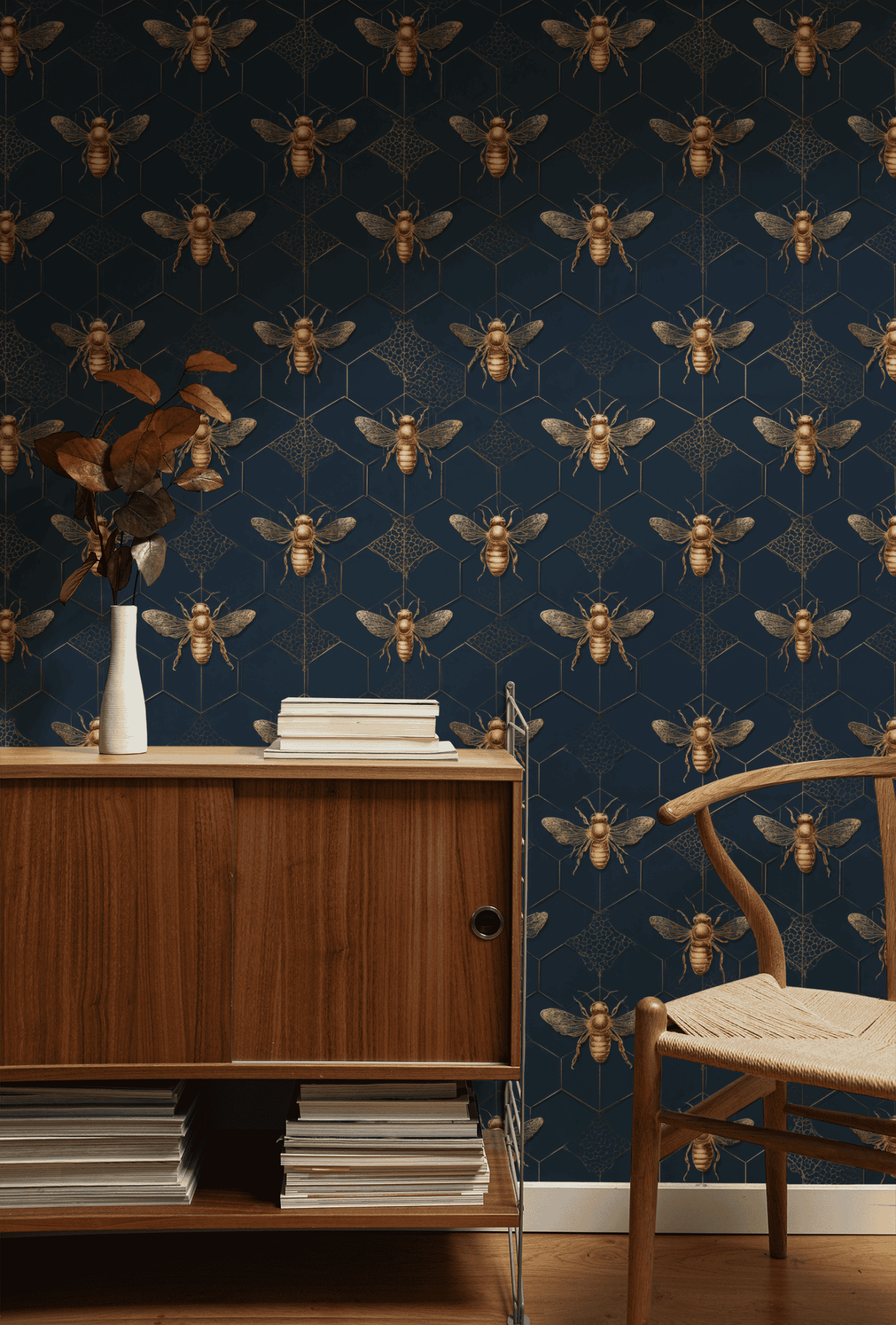 Blue Geometric Wallpaper installed on a room wall with metallic bronze geometric honeycomb pattern on a blue ground