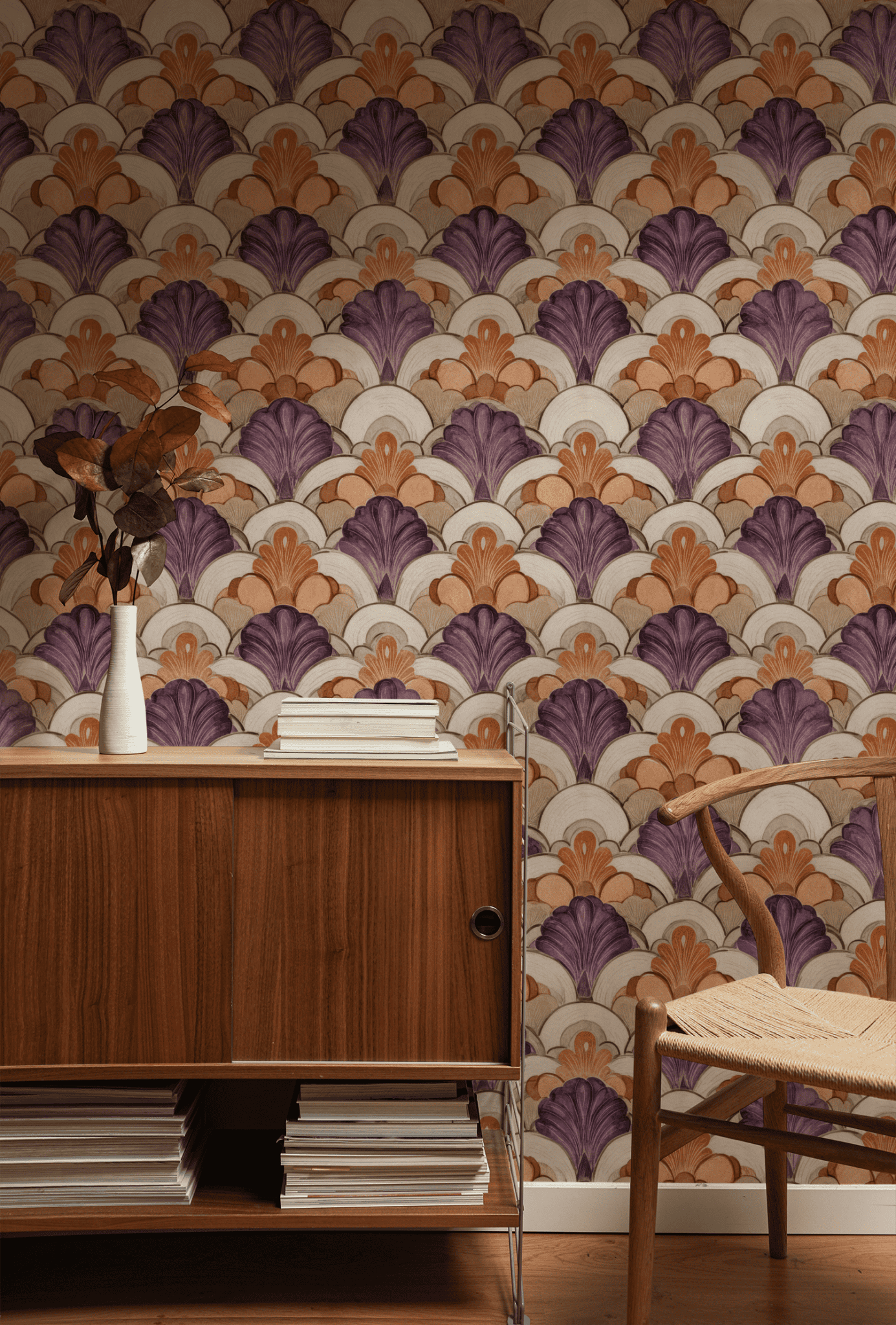 Cream Abstract Wallpaper installed in a room interior with abstract Art Deco floral pattern on a cream ground