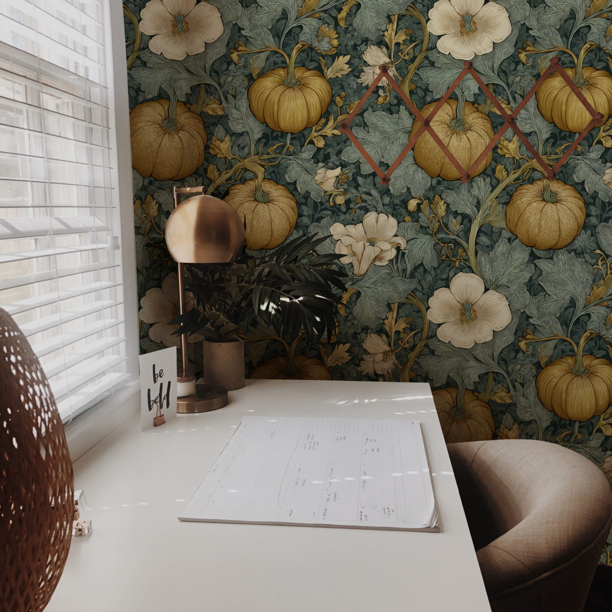 Green Botanical Wallpaper installed on a room wall with Arts and Crafts botanical gourd in verdant green