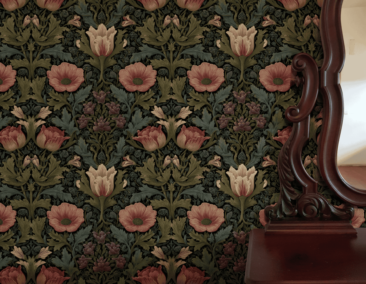 Green Floral Wallpaper installed in a room interior with Arts and Crafts rosy primrose florals in green Victorian palette