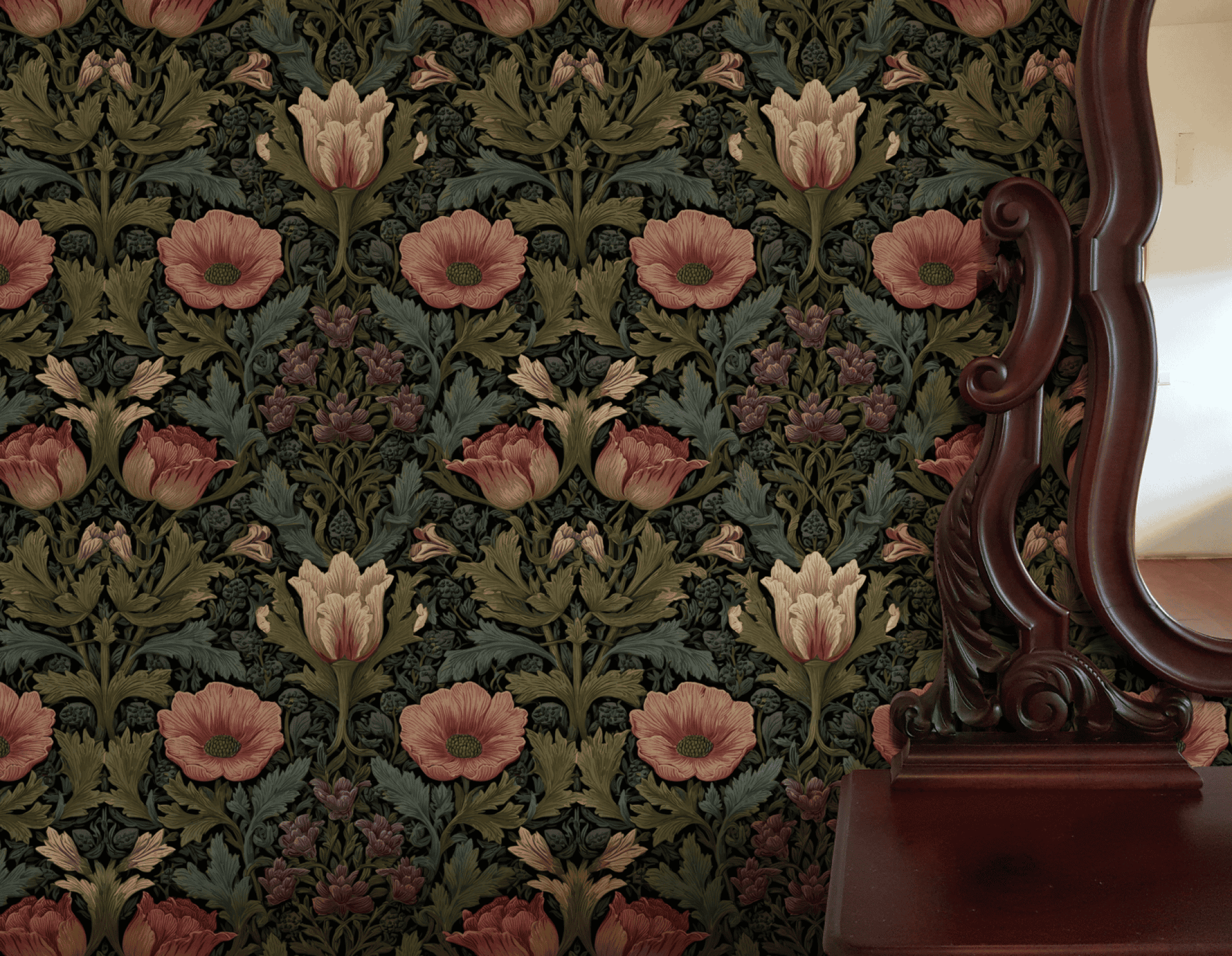 Green Floral Wallpaper installed in a room interior with Arts and Crafts rosy primrose florals in green Victorian palette