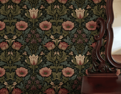 Green Floral Wallpaper installed in a room interior with Arts and Crafts rosy primrose florals in green Victorian palette