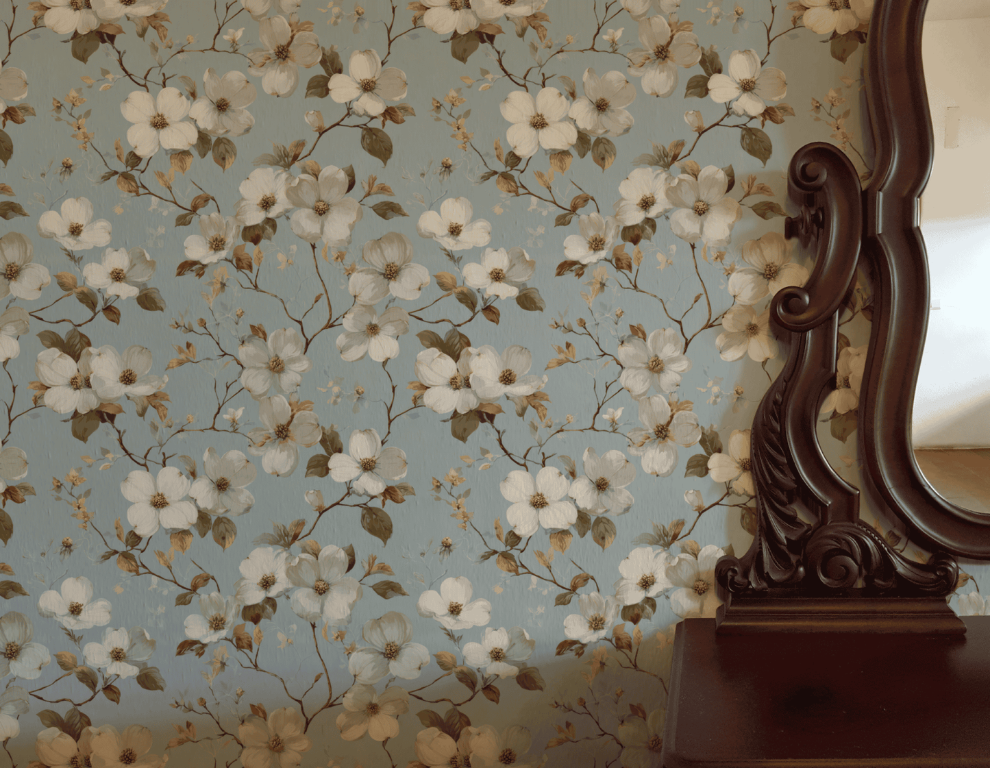Creamy Dogwood | Blue Floral Wallpaper - Room Mockup