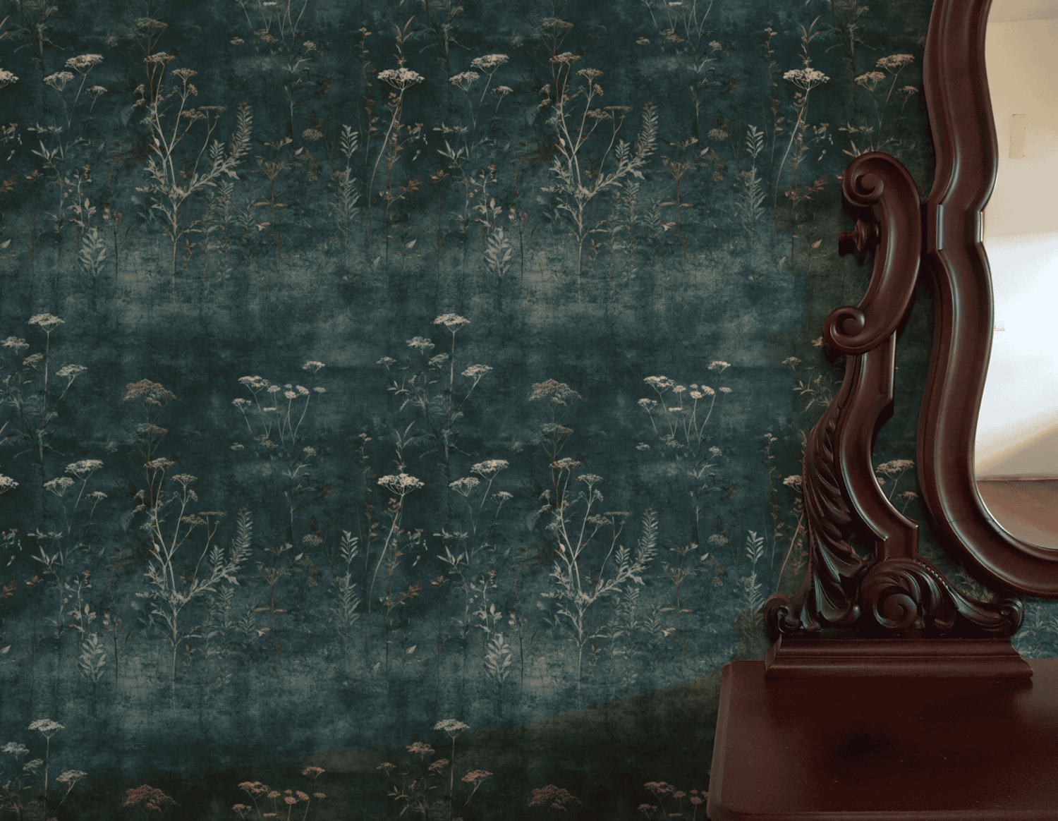 Green Botanical Wallpaper installed on a room wall with dark academia moody dark botanical pattern in distressed green handling