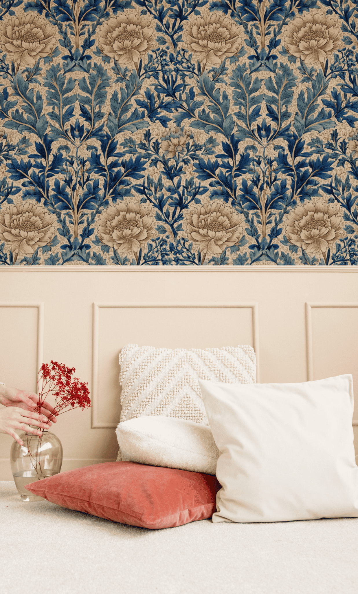 Blue Cream Floral Wallpaper installed on a room wall with Arts and Crafts peony botanical in indigo blue and cream