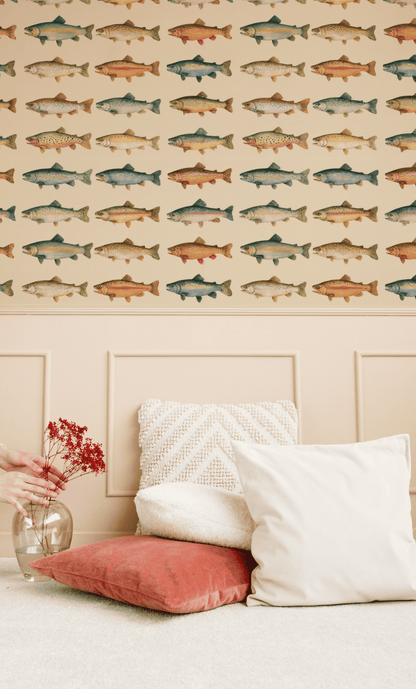 Nature Wallpaper installed in a room interior with calming watercolor coastal trout illustration in neutral tones