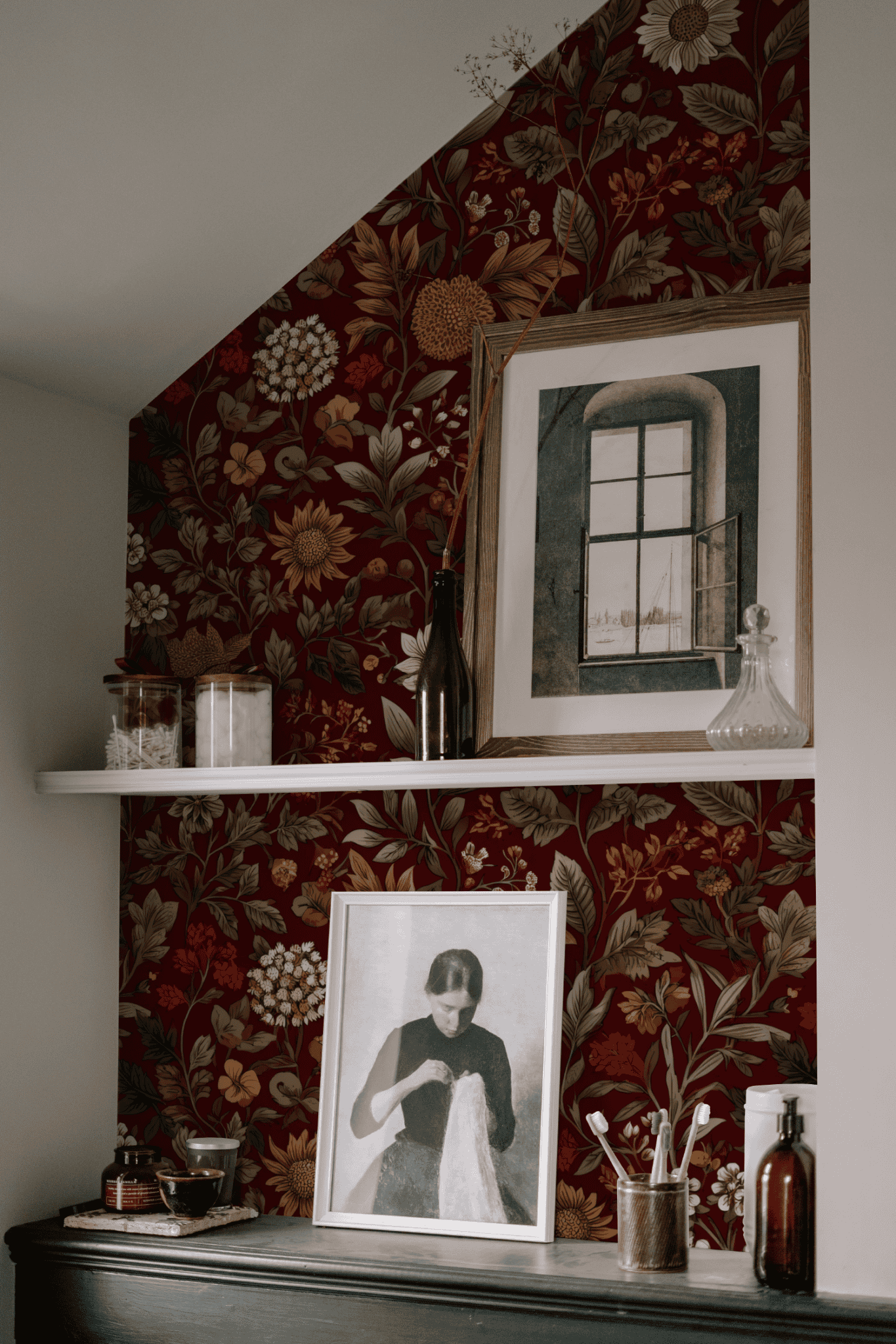 Red Floral Wallpaper installed in a room interior with Arts and Crafts sunflower botanical in deep burgundy Victorian palette