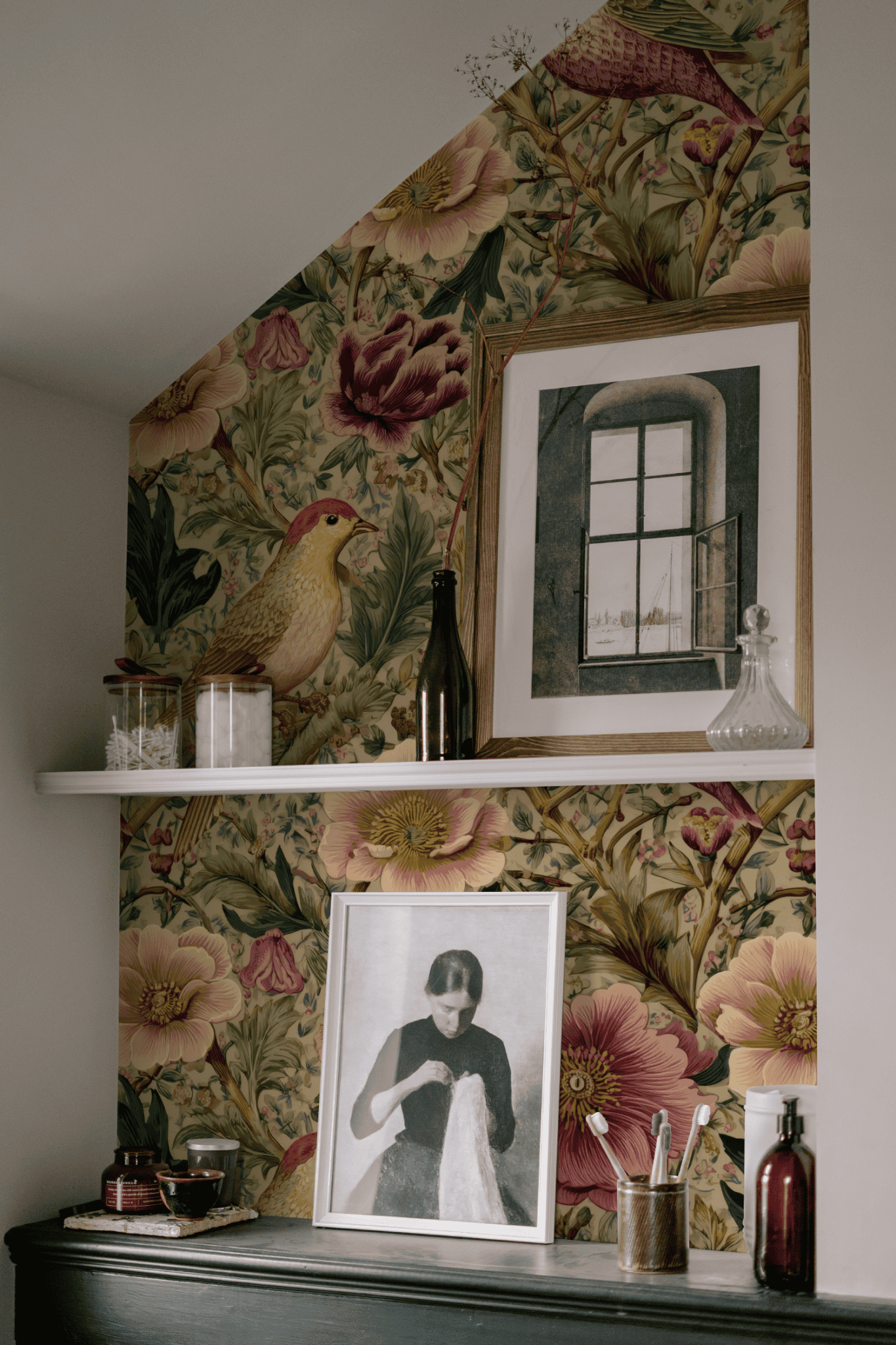 Green Floral Wallpaper installed in a room interior with woodland birds among russet poppy florals in green