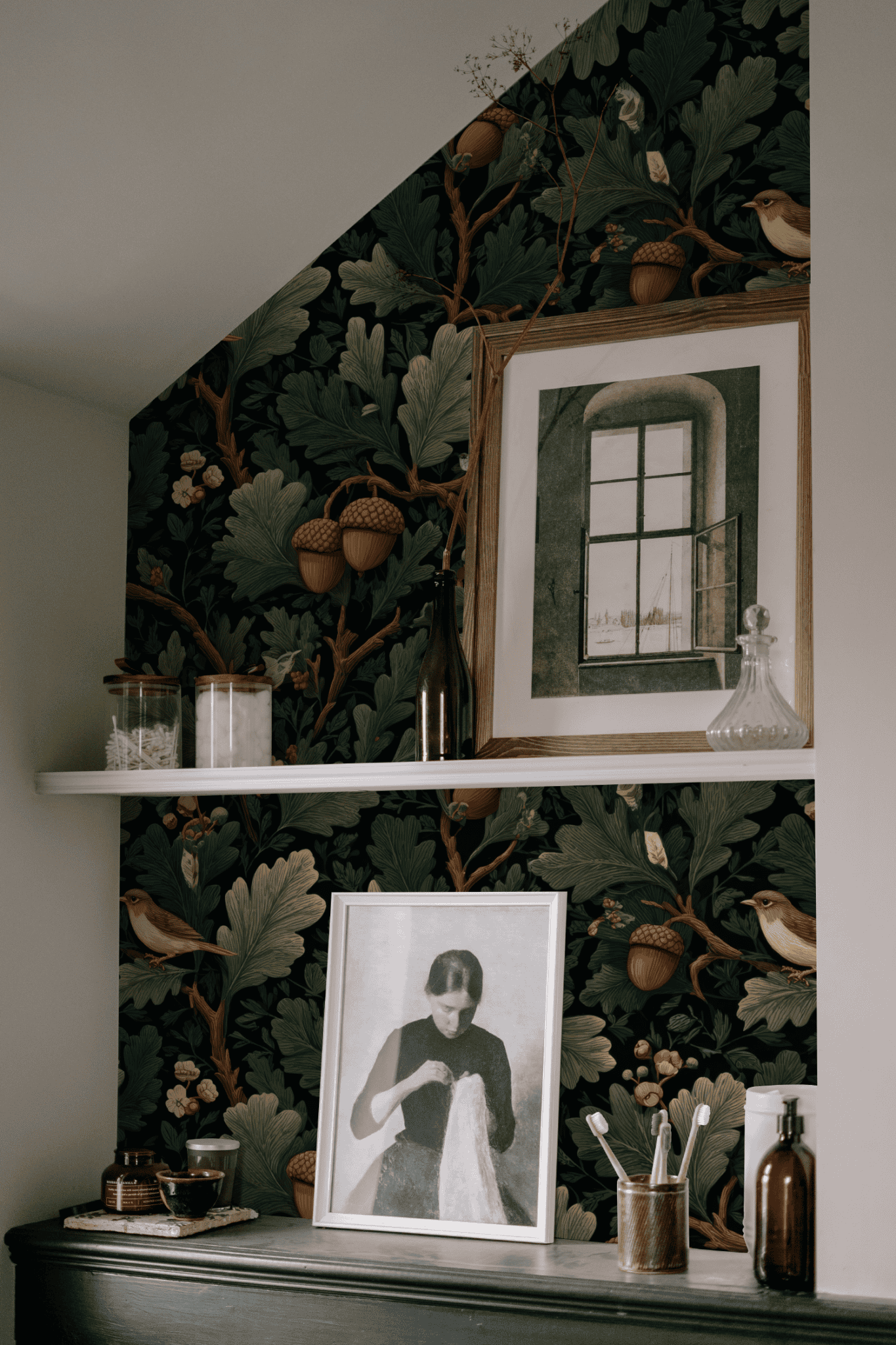 Gothic Oakwood | Green Bird Pattern Wallpaper | Woodland - Room Mockup