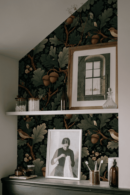 Gothic Oakwood | Green Bird Pattern Wallpaper | Woodland - Room Mockup