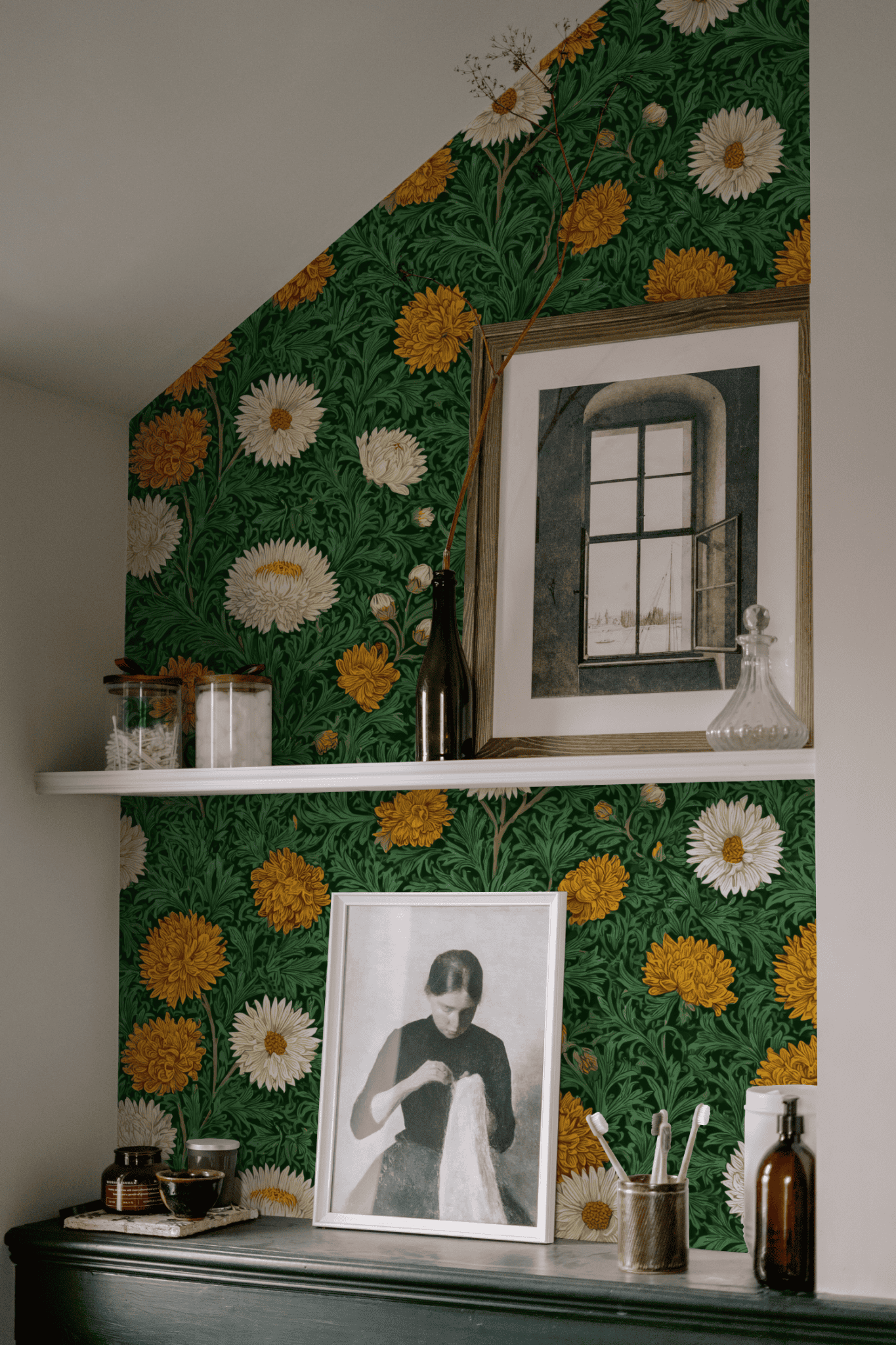 Green Floral Wallpaper installed in a room interior with Arts and Crafts marigold florals in deep emerald green Victorian palette