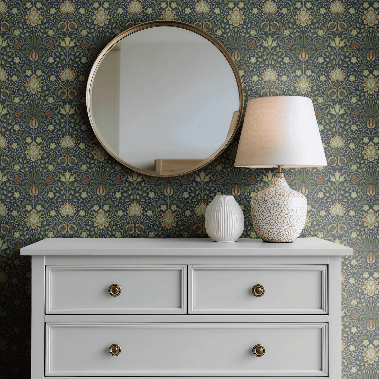 Green Floral Wallpaper shown in a second room with the Persian green reading as historically referenced Morris decoration