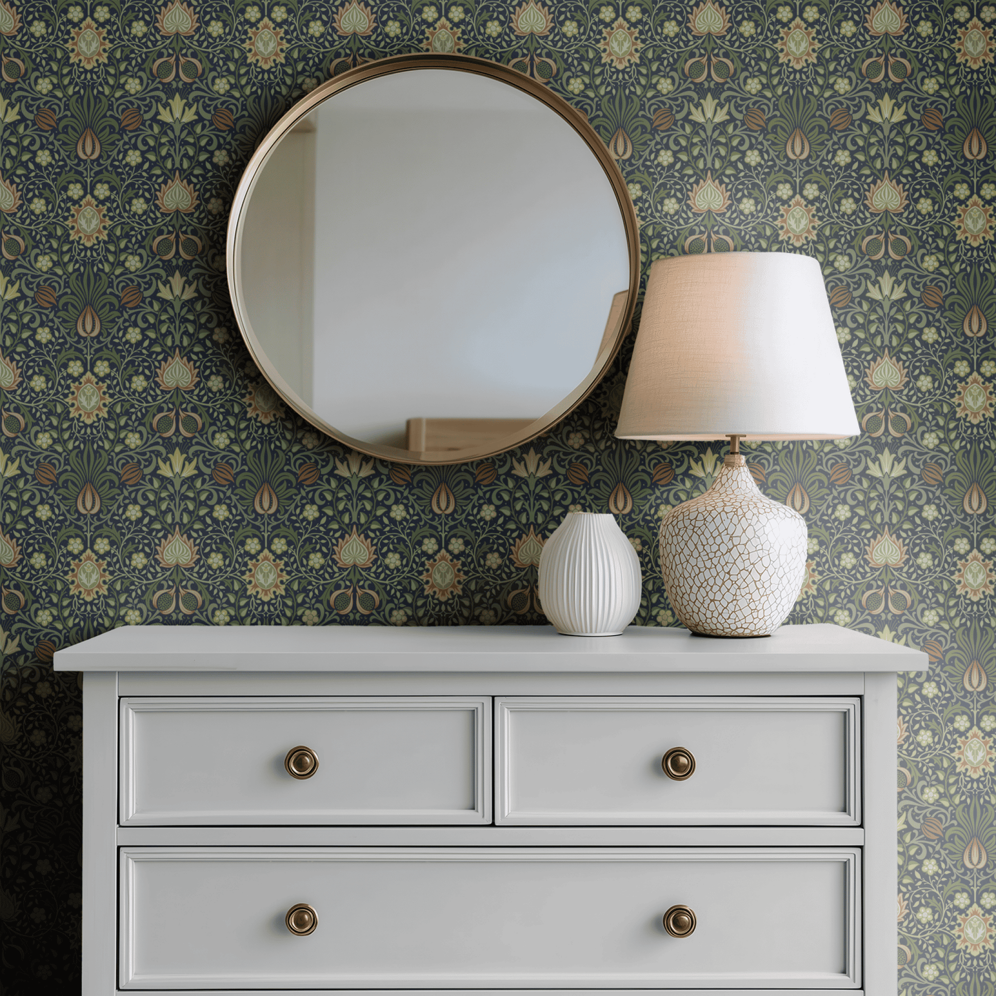 Green Floral Wallpaper shown in a second room with the Persian green reading as historically referenced Morris decoration