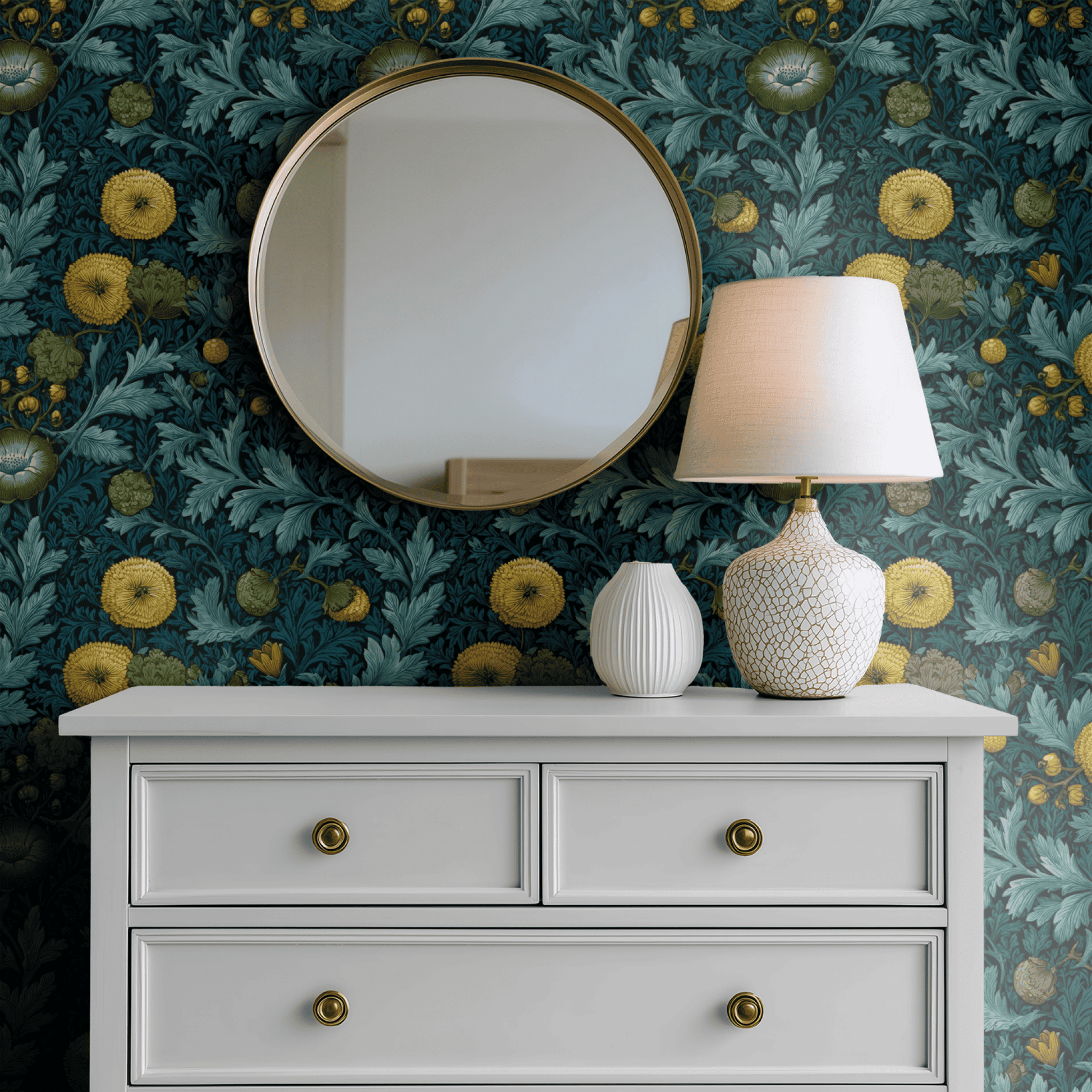 Green Floral Wallpaper shown in a second interior with the chartreuse thistle reading as a fresher contemporary take on the traditional botanical