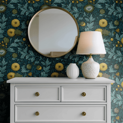 Green Floral Wallpaper shown in a second interior with the chartreuse thistle reading as a fresher contemporary take on the traditional botanical