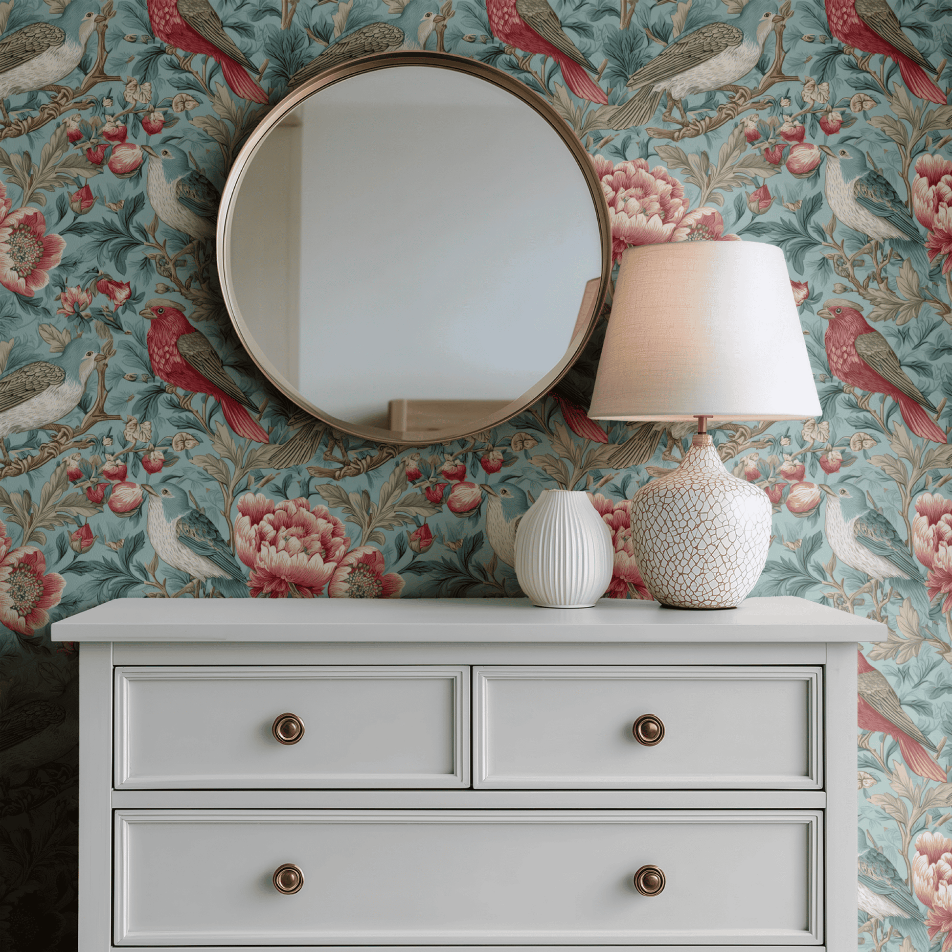 Green Floral Wallpaper shown in a second interior with the chinoiserie birds reading as elegant traditional decoration