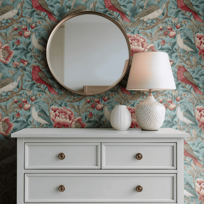 Green Floral Wallpaper shown in a second interior with the chinoiserie birds reading as elegant traditional decoration