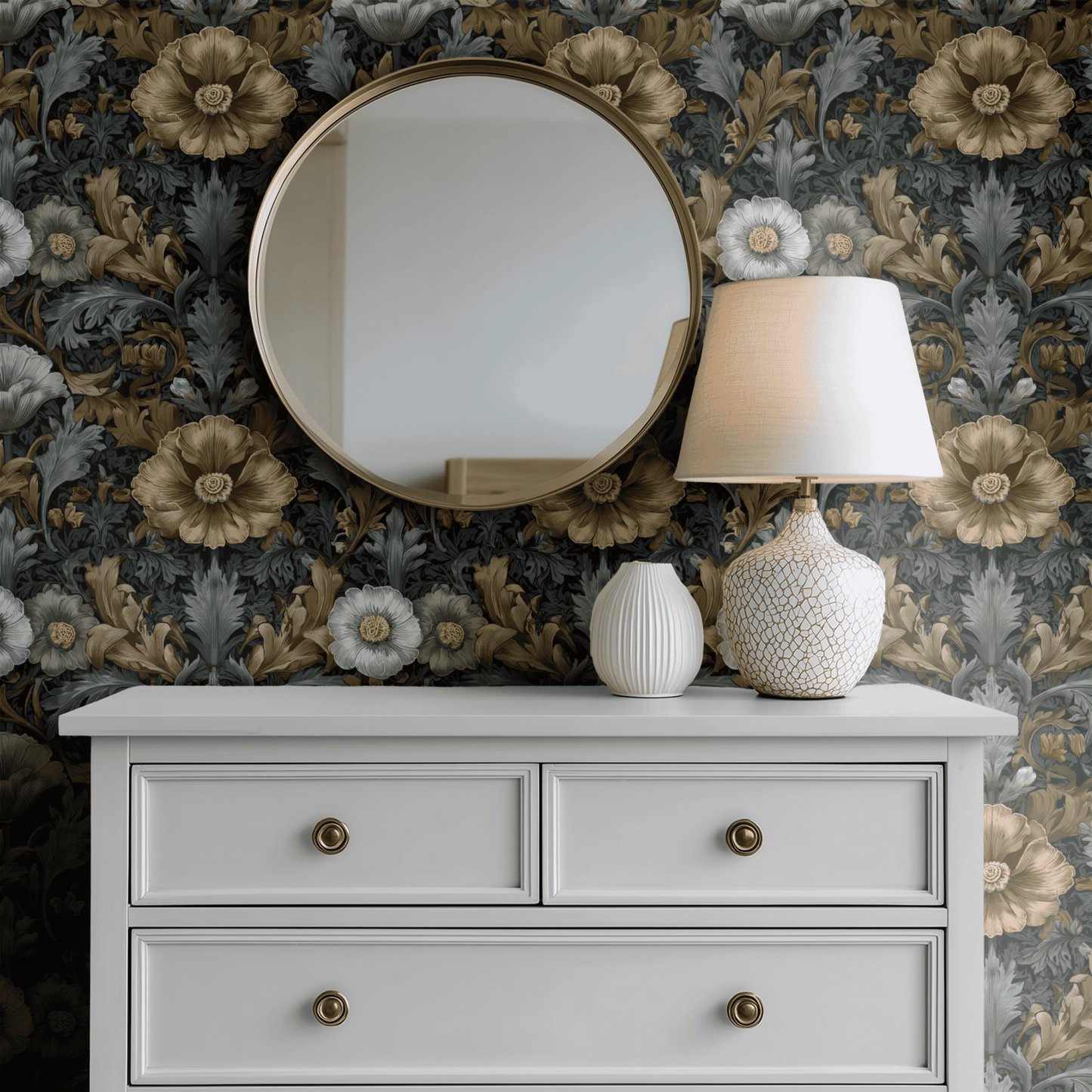 Green Floral Wallpaper shown in a second interior with the golden acanthus reading as warmly classical Arts and Crafts decoration