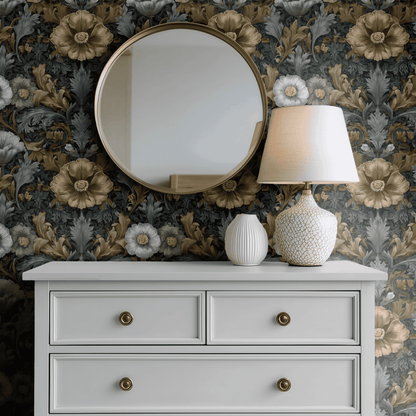 Green Floral Wallpaper shown in a second interior with the golden acanthus reading as warmly classical Arts and Crafts decoration