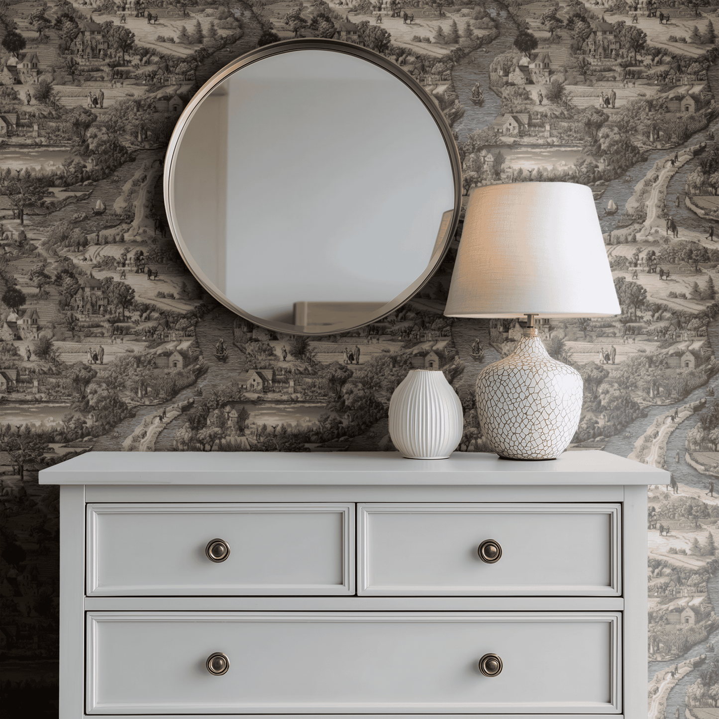 Sepia Pastoral Landscape Scenic Print installed in a room interior with Victorian monochrome scenic toile pattern in neutral vintage tones