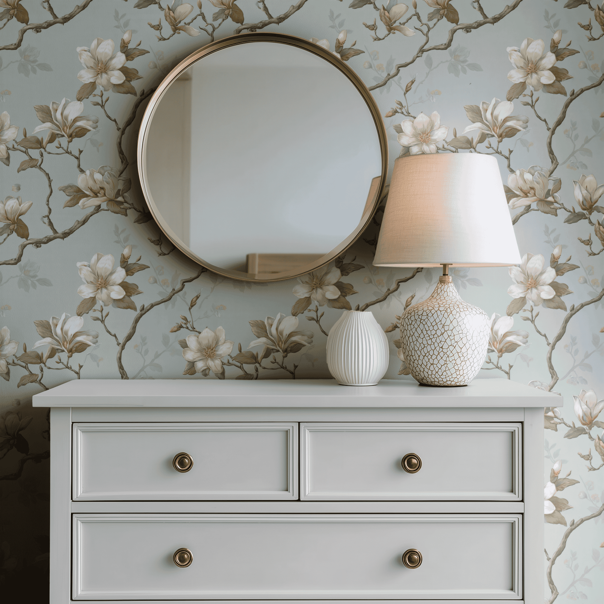 Green Floral Wallpaper shown in a second room with the magnolia florals reading as gracefully traditional