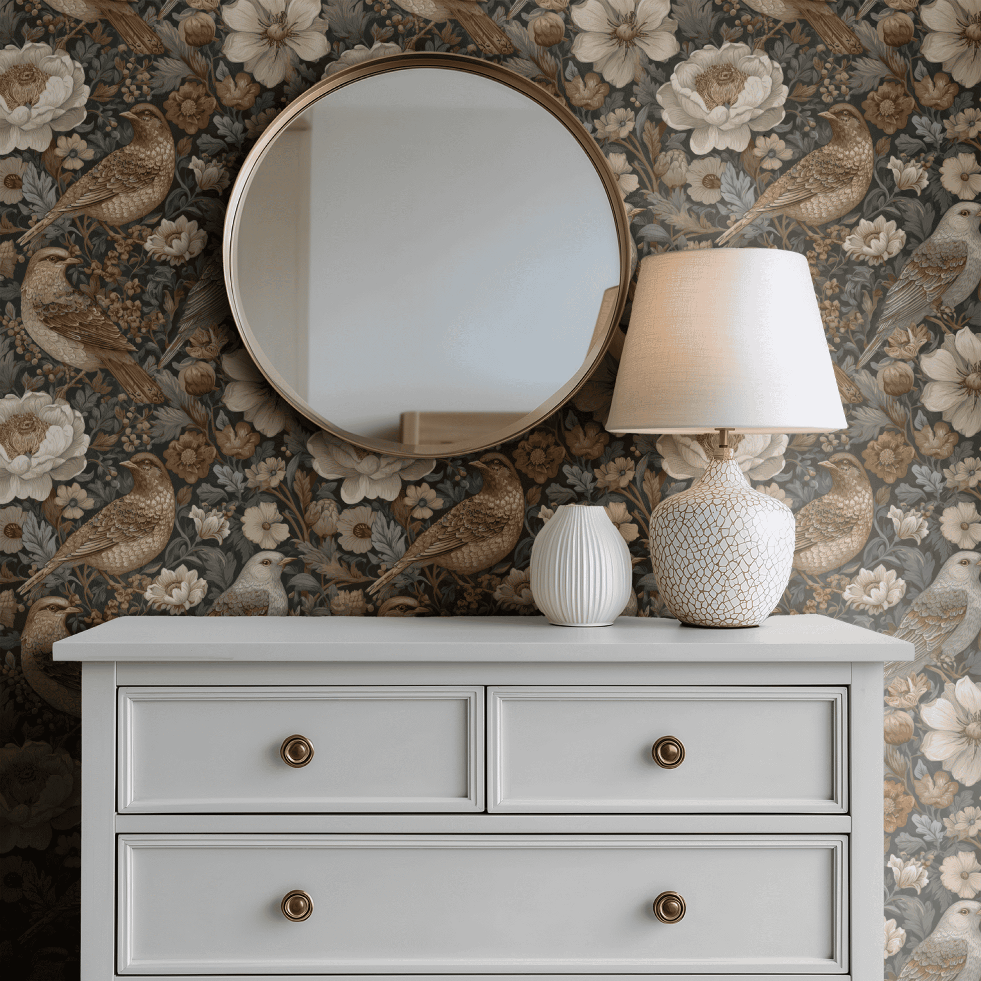 Green Floral Wallpaper shown in a second room with the taupe avian reading as quietly traditional Arts and Crafts decoration