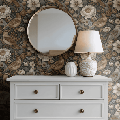 Green Floral Wallpaper shown in a second room with the taupe avian reading as quietly traditional Arts and Crafts decoration