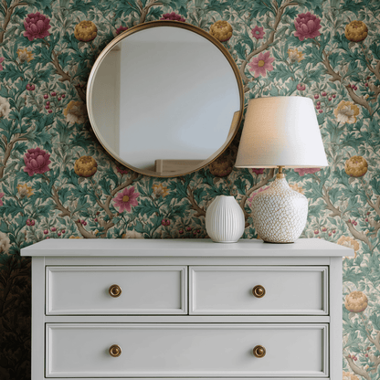 Green Floral Wallpaper shown in a second interior with the teal peonies reading as confidently traditional botanical decoration