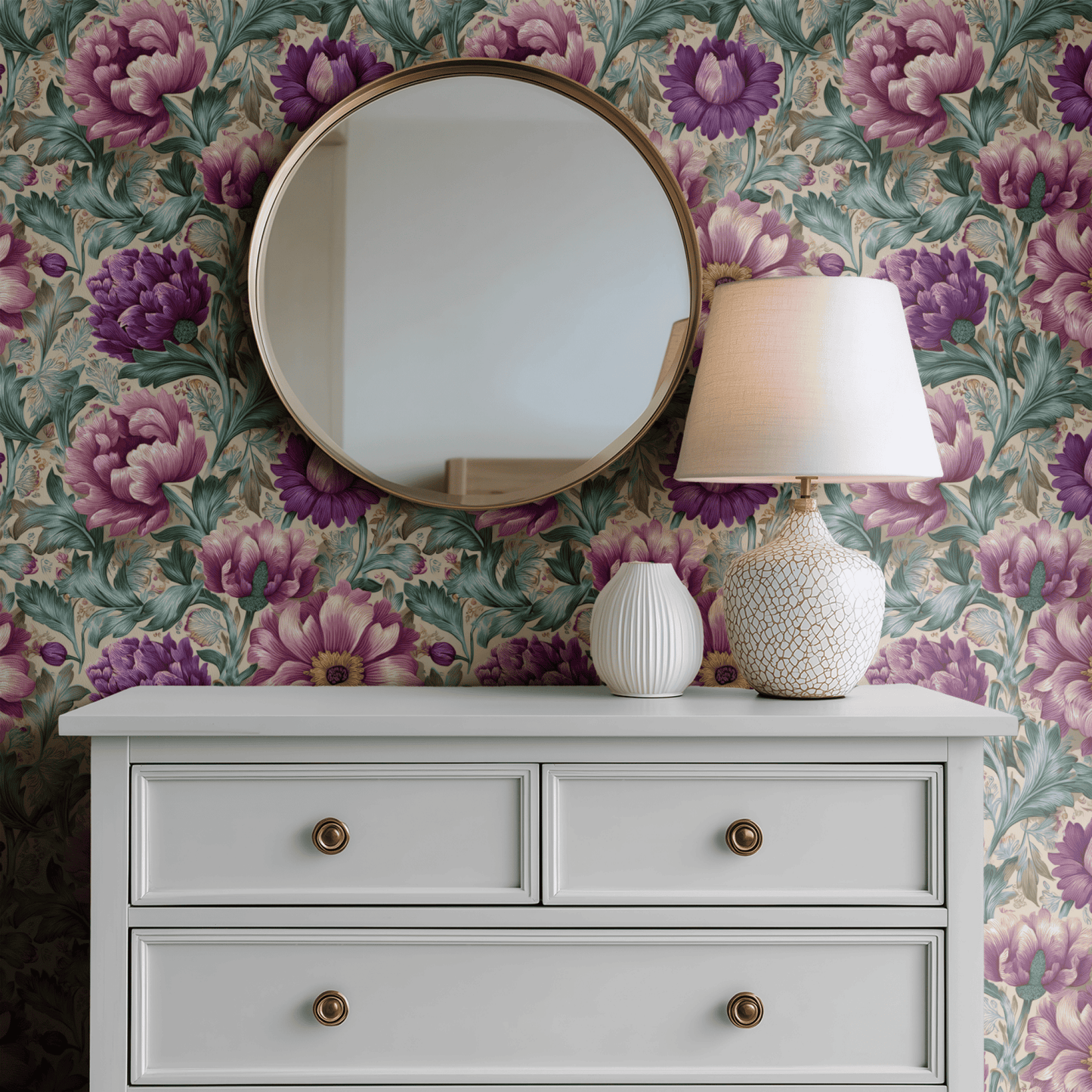 Cream Floral Wallpaper shown in a second room, the lotus florals reading as decoratively rich and the cream ground keeping the room open