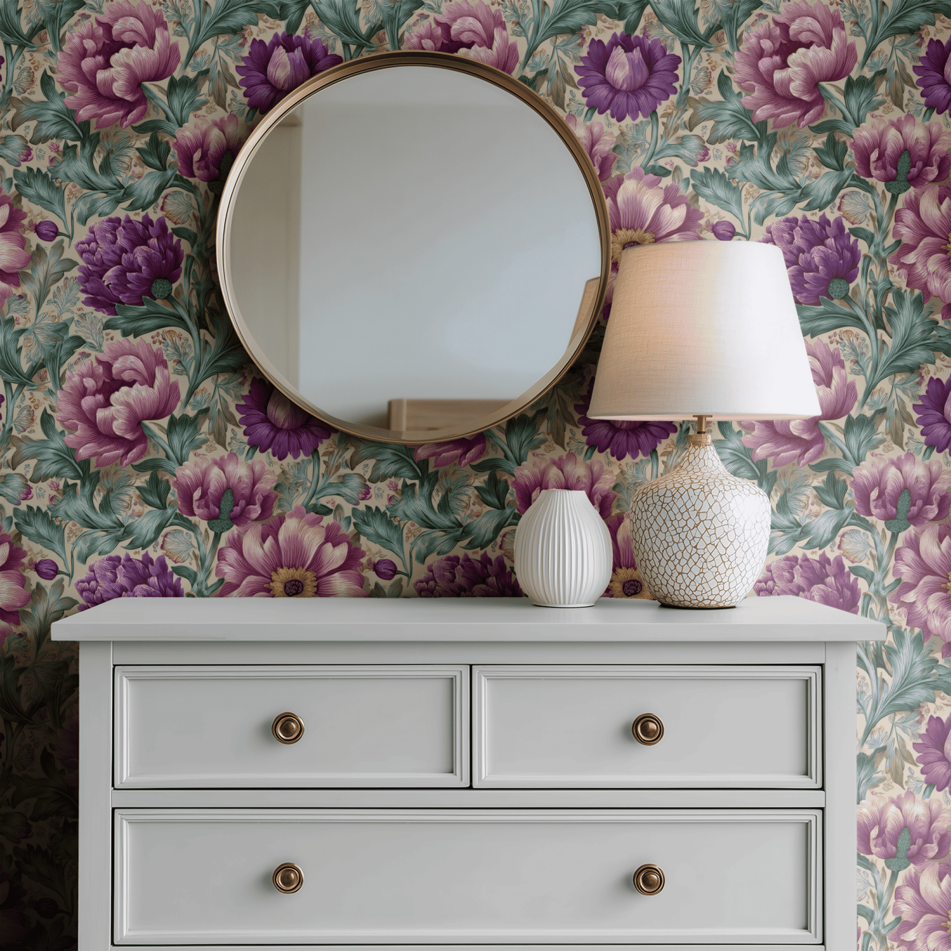 Cream Floral Wallpaper shown in a second room, the lotus florals reading as decoratively rich and the cream ground keeping the room open