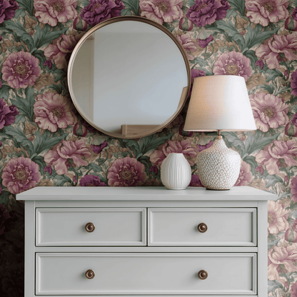 Pink Floral Wallpaper shown in a second interior with the rosy tapestry reading as warmly woven-style traditional decoration