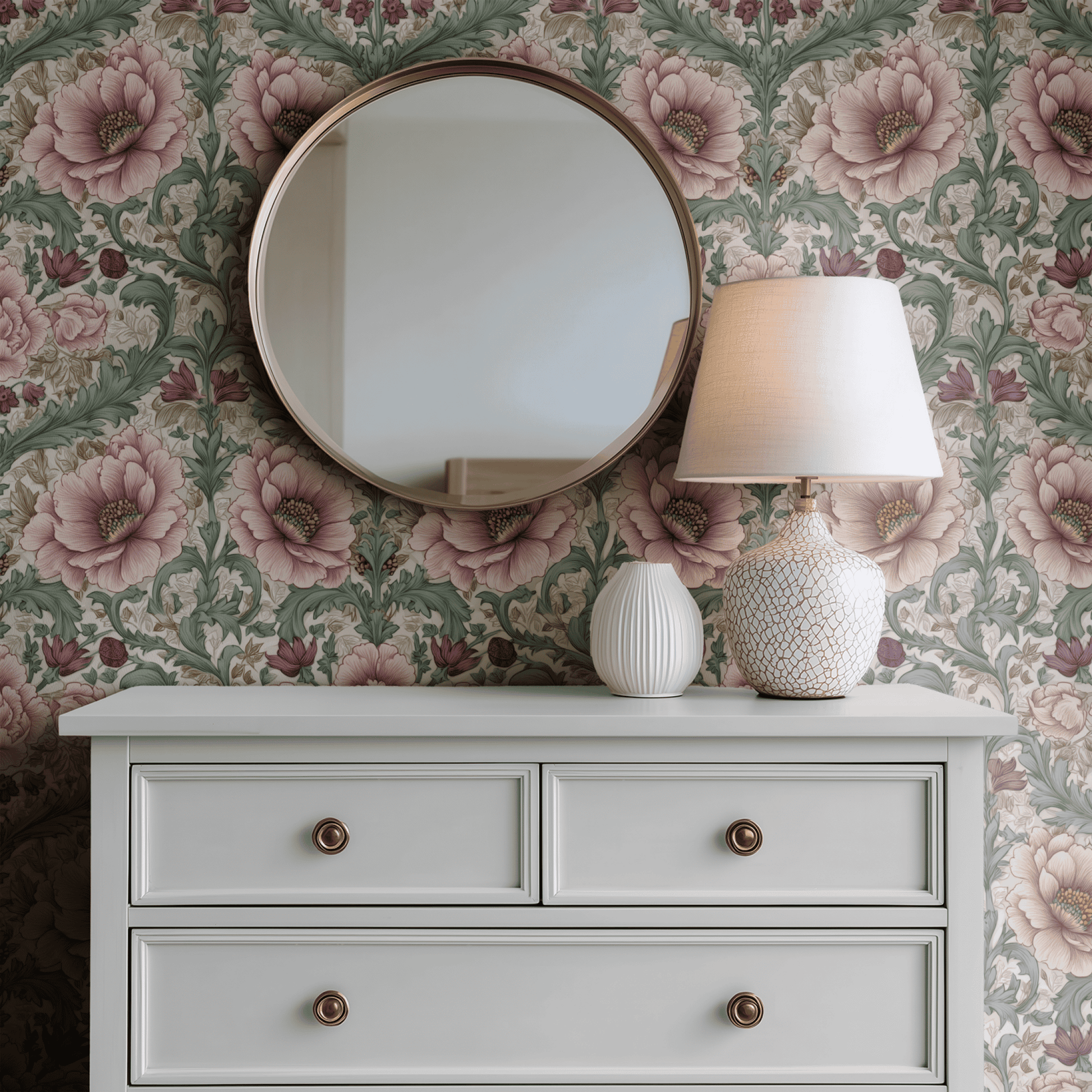 Cream Floral Wallpaper shown in a second room with the dusty peonies reading as gracefully traditional country-house decoration