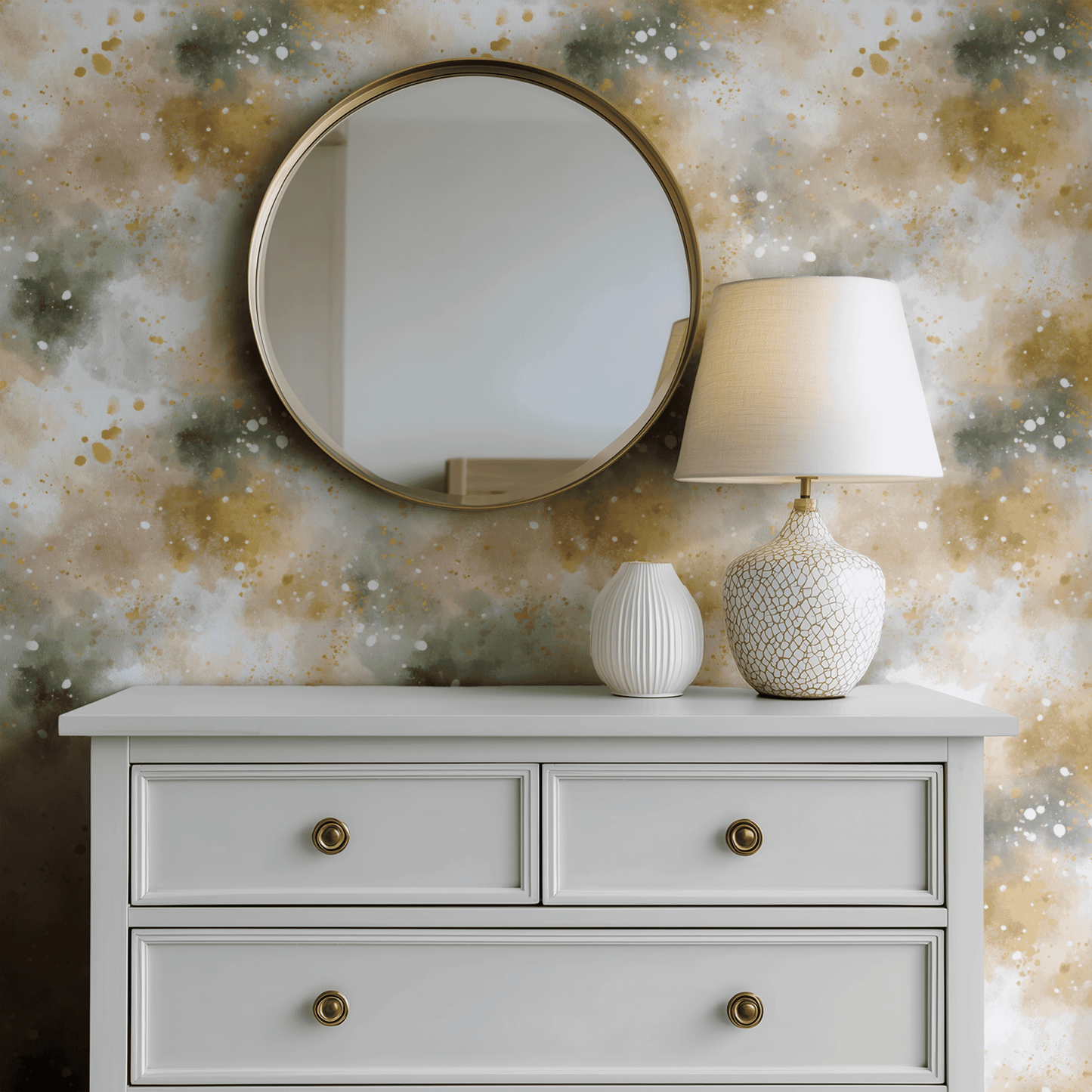 Multicolored Abstract Wallpaper shown in a second room with the warm ochre washes reading as quietly atmospheric contemporary decoration