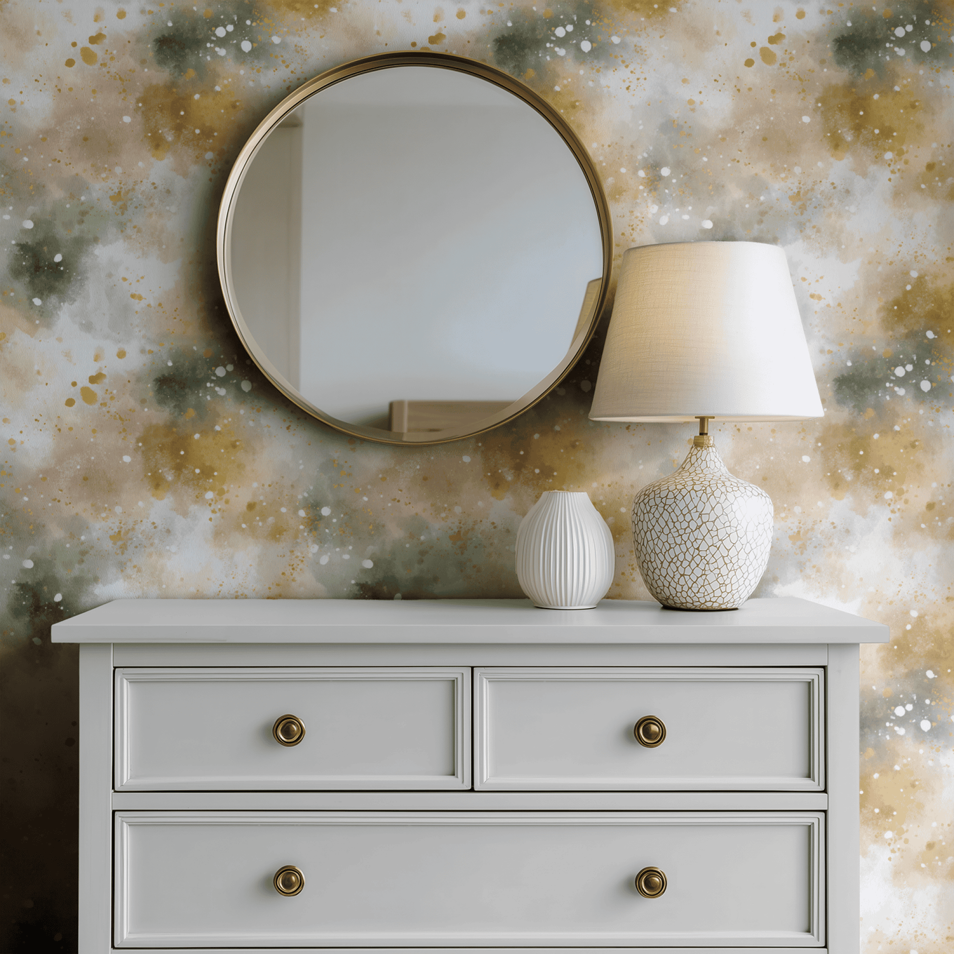 Multicolored Abstract Wallpaper shown in a second room with the warm ochre washes reading as quietly atmospheric contemporary decoration