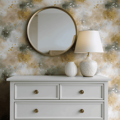 Multicolored Abstract Wallpaper shown in a second room with the warm ochre washes reading as quietly atmospheric contemporary decoration