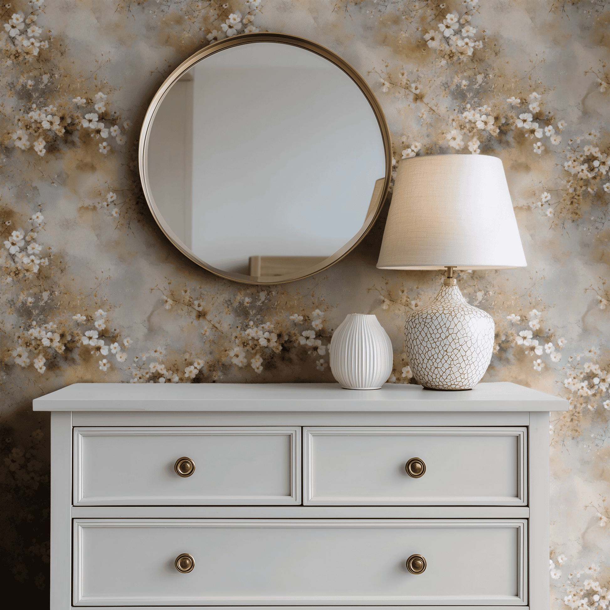Neutral Floral Wallpaper shown in a second interior with the latte asters reading as warmly soft cottage decoration