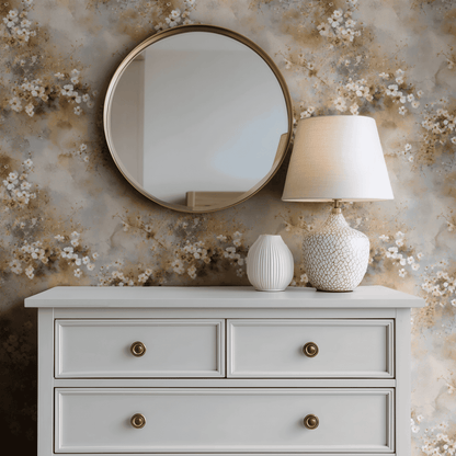 Neutral Floral Wallpaper shown in a second interior with the latte asters reading as warmly soft cottage decoration