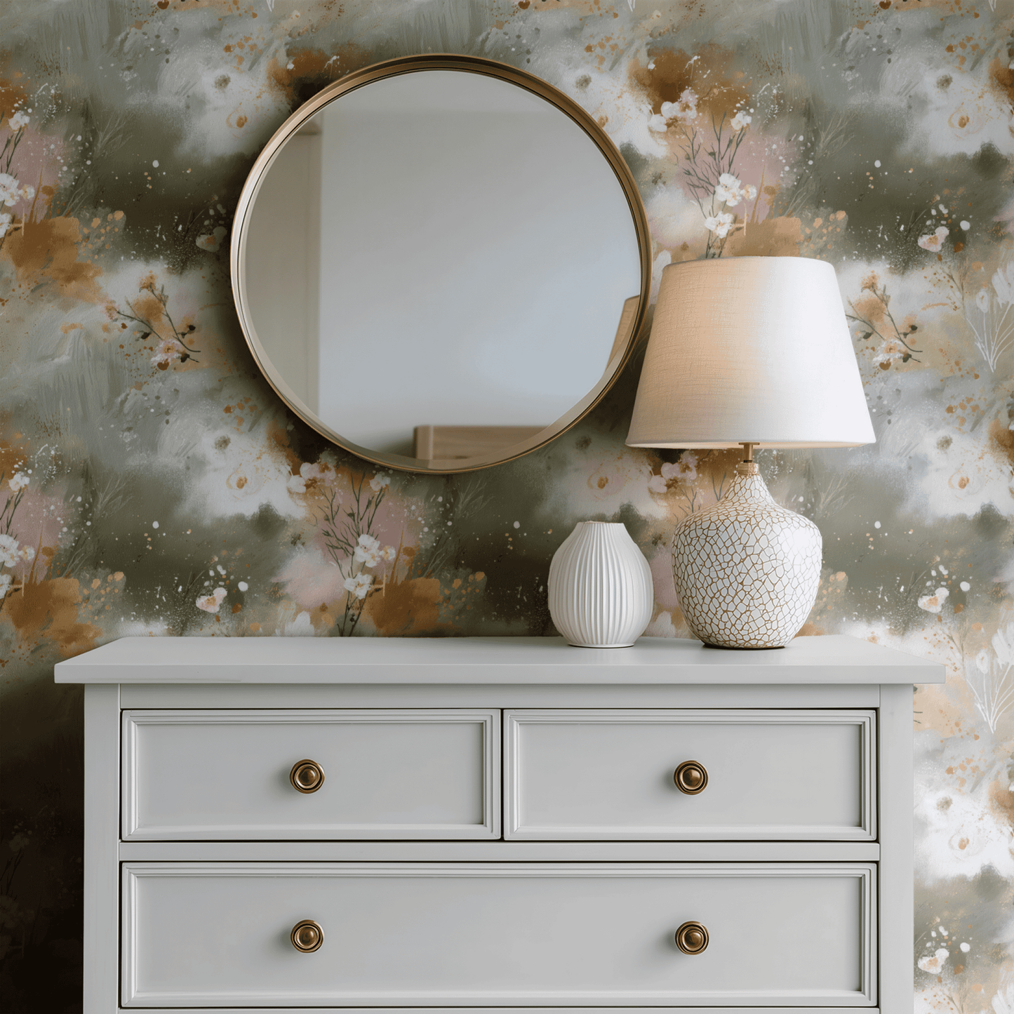 Green Floral Wallpaper shown in a second room with the mossy blooms reading as quietly fresh botanical decoration