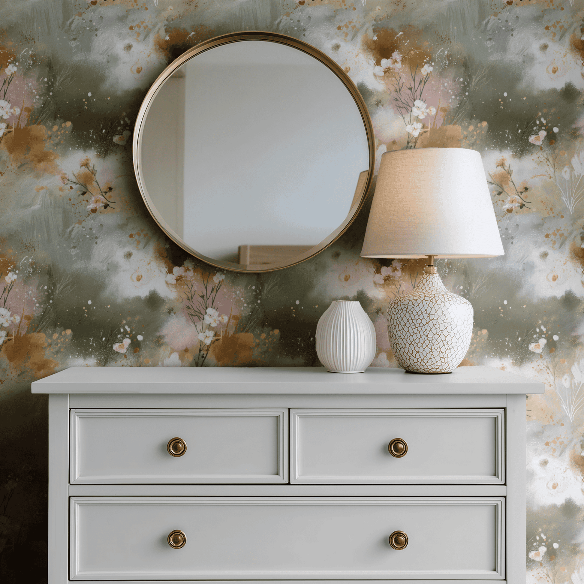 Green Floral Wallpaper shown in a second room with the mossy blooms reading as quietly fresh botanical decoration