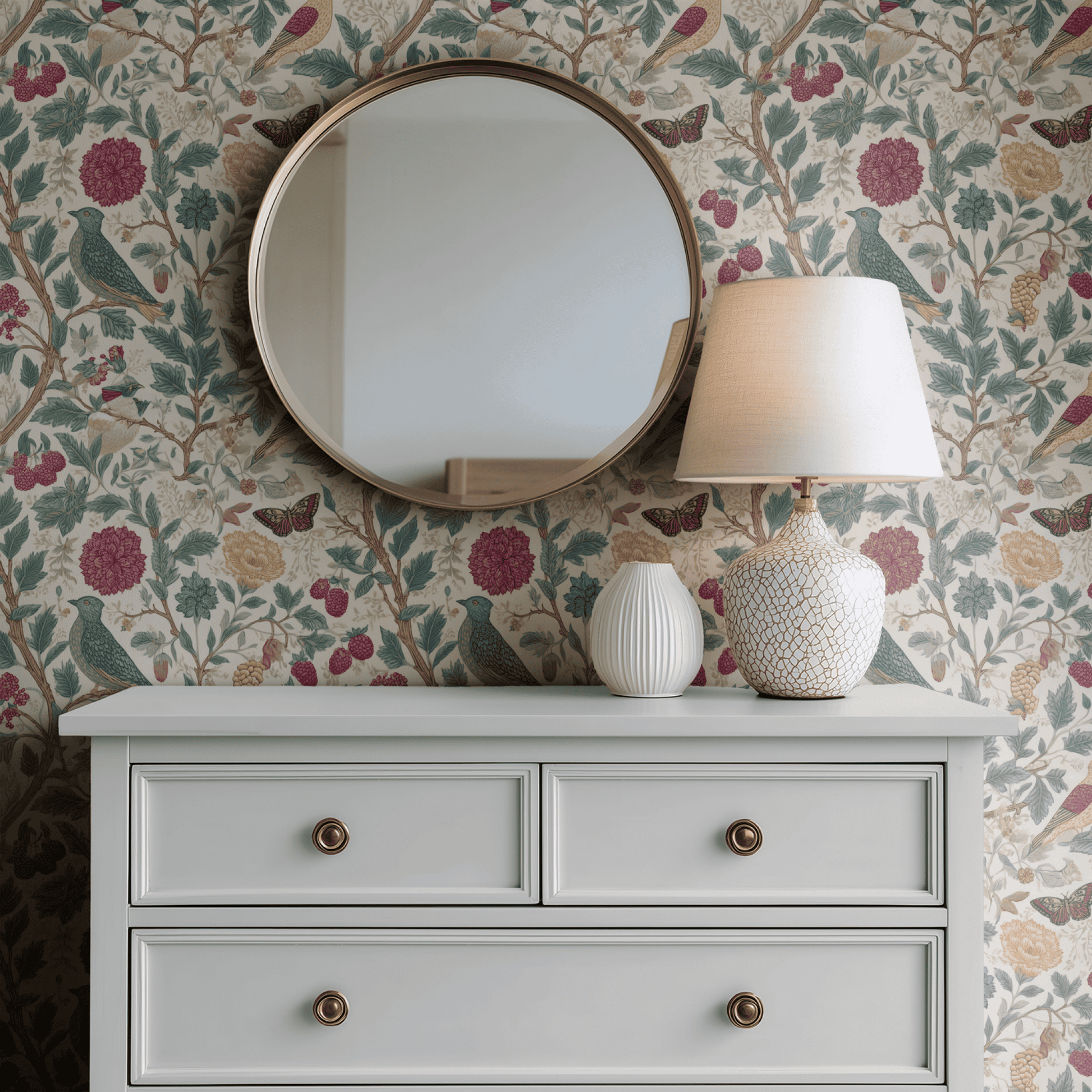 Cream Bird Pattern Wallpaper shown in a second room with the sparrows and fruit reading as English-country woodland decoration