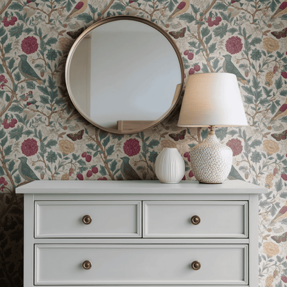 Cream Bird Pattern Wallpaper shown in a second room with the sparrows and fruit reading as English-country woodland decoration