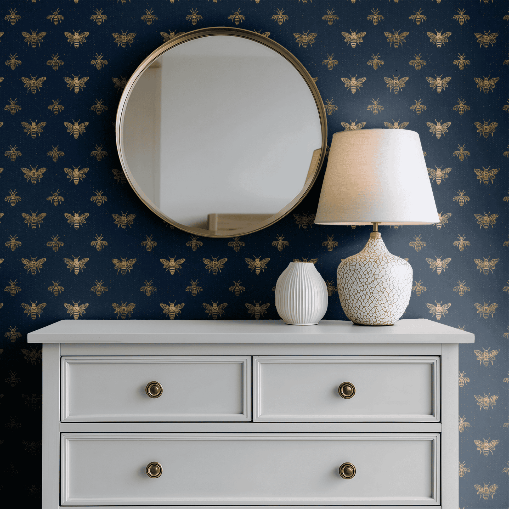 Blue Animal Print Wallpaper shown in a second interior with the gold bees reading as playfully luxurious naturalistic decoration
