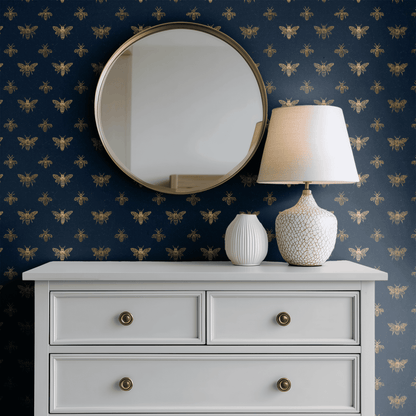 Blue Animal Print Wallpaper shown in a second interior with the gold bees reading as playfully luxurious naturalistic decoration