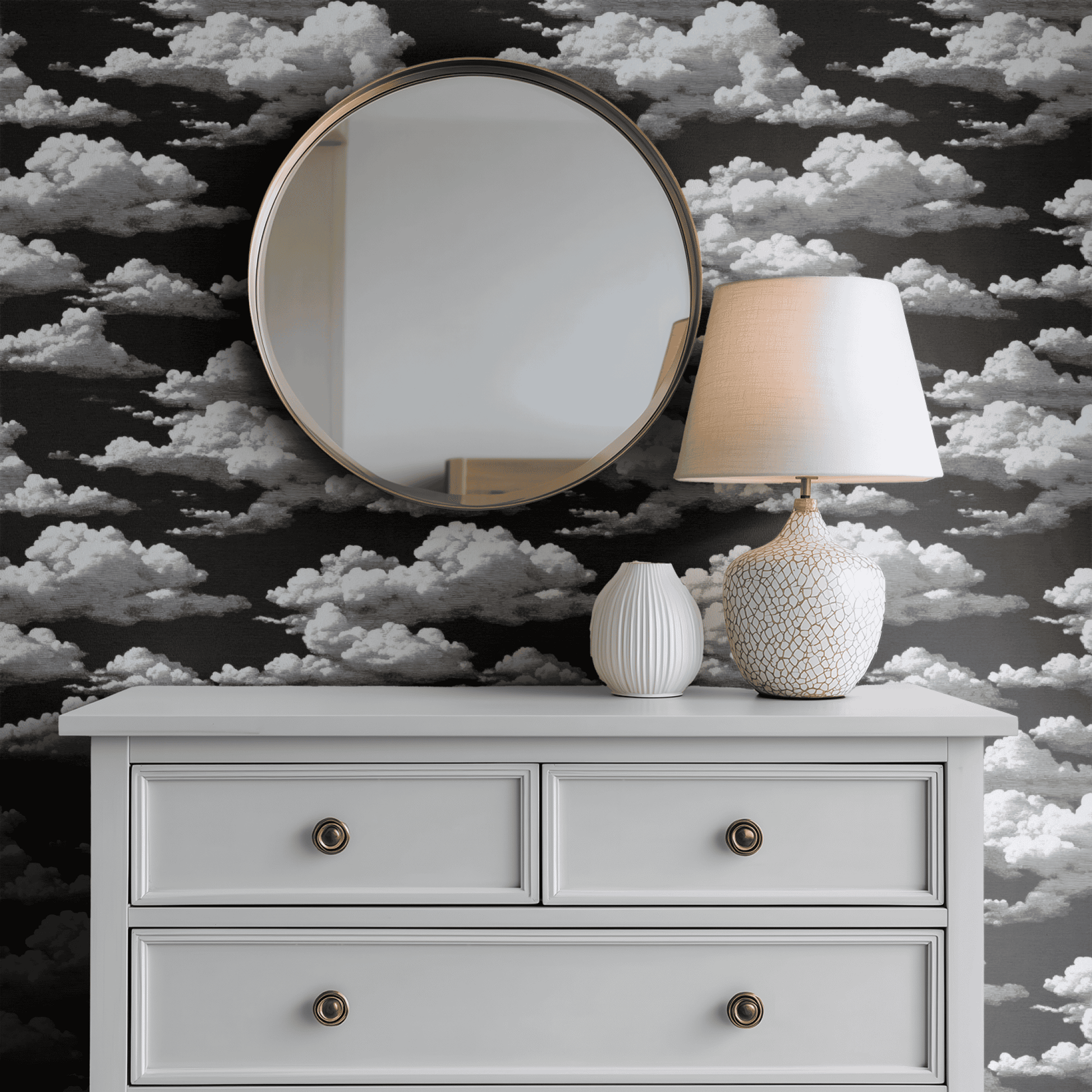 Black Nature Wallpaper installed in a room interior with monochrome black-on-cream scenic nature engraving